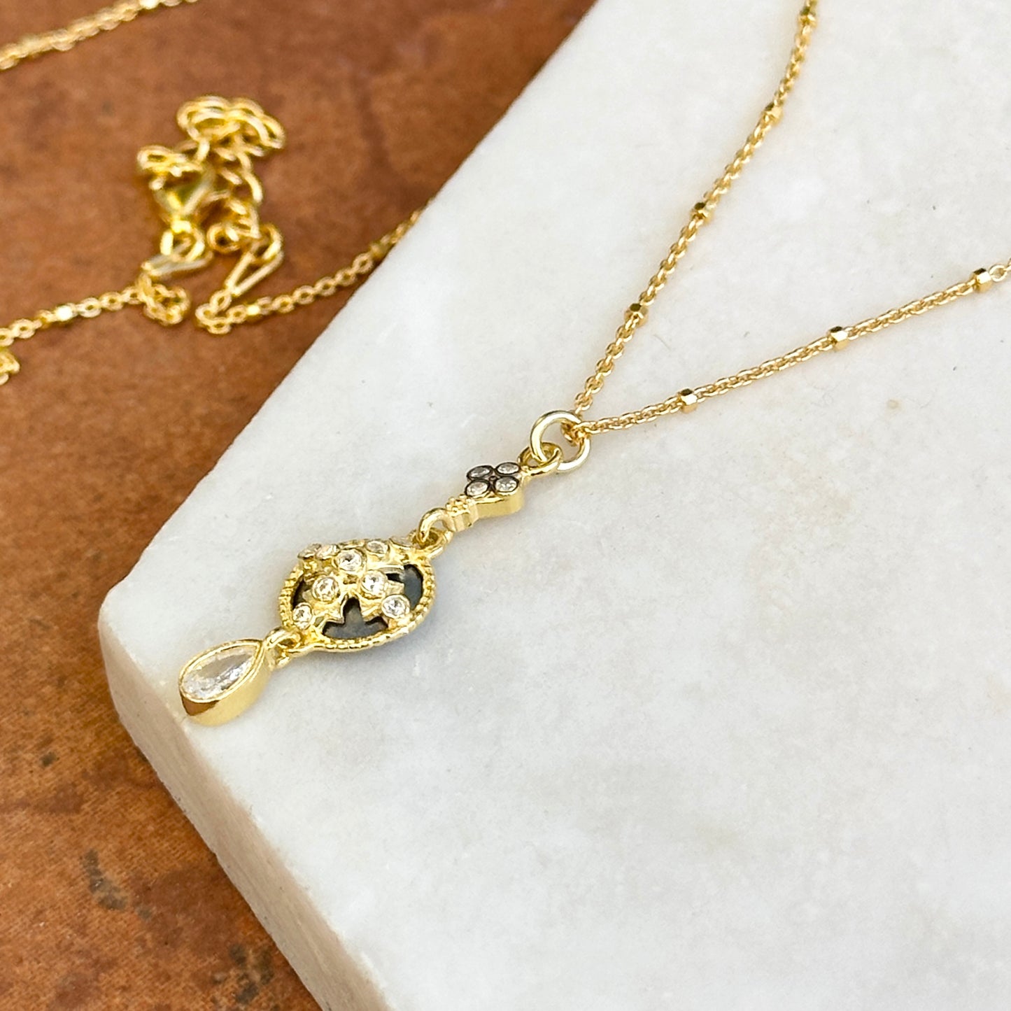 Sterling Silver Yellow Gold-Plated CZ Cross Beaded Chain Necklace