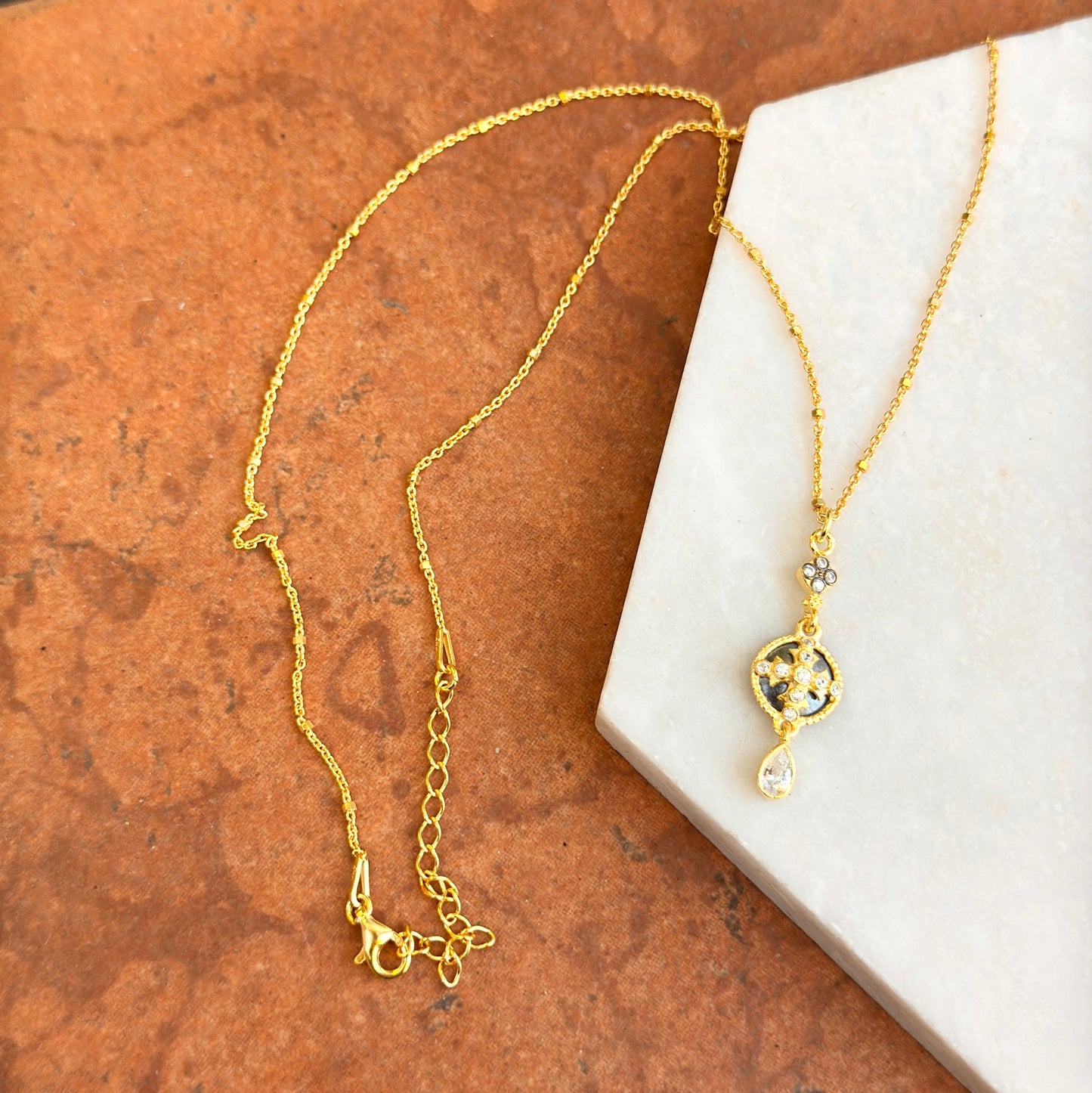 Sterling Silver Yellow Gold-Plated CZ Cross Beaded Chain Necklace