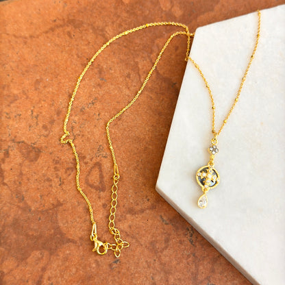 Sterling Silver Yellow Gold-Plated CZ Cross Beaded Chain Necklace