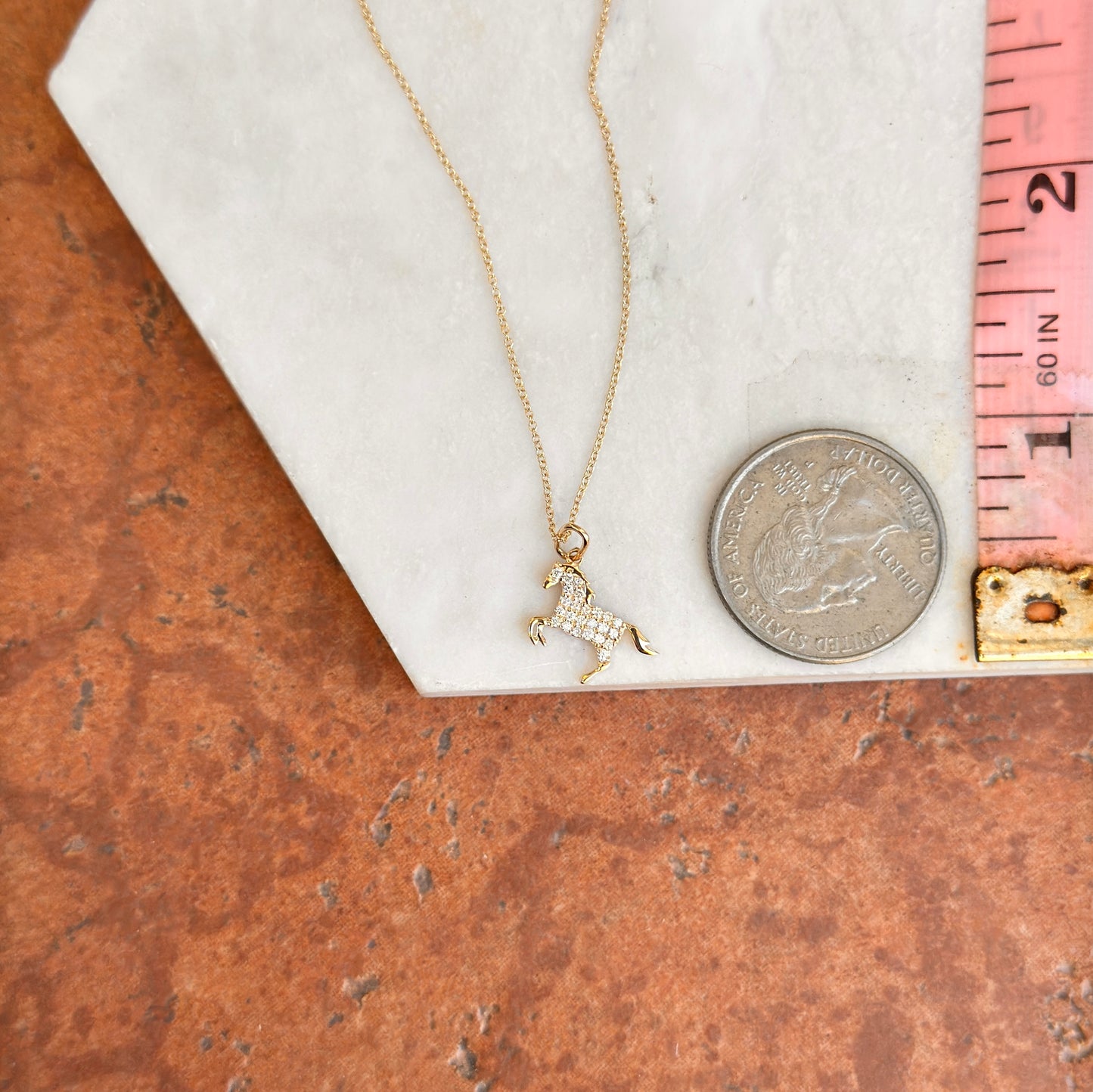 14KT Yellow Gold Pave Diamond Horse Cable Necklace Adjustable 18''