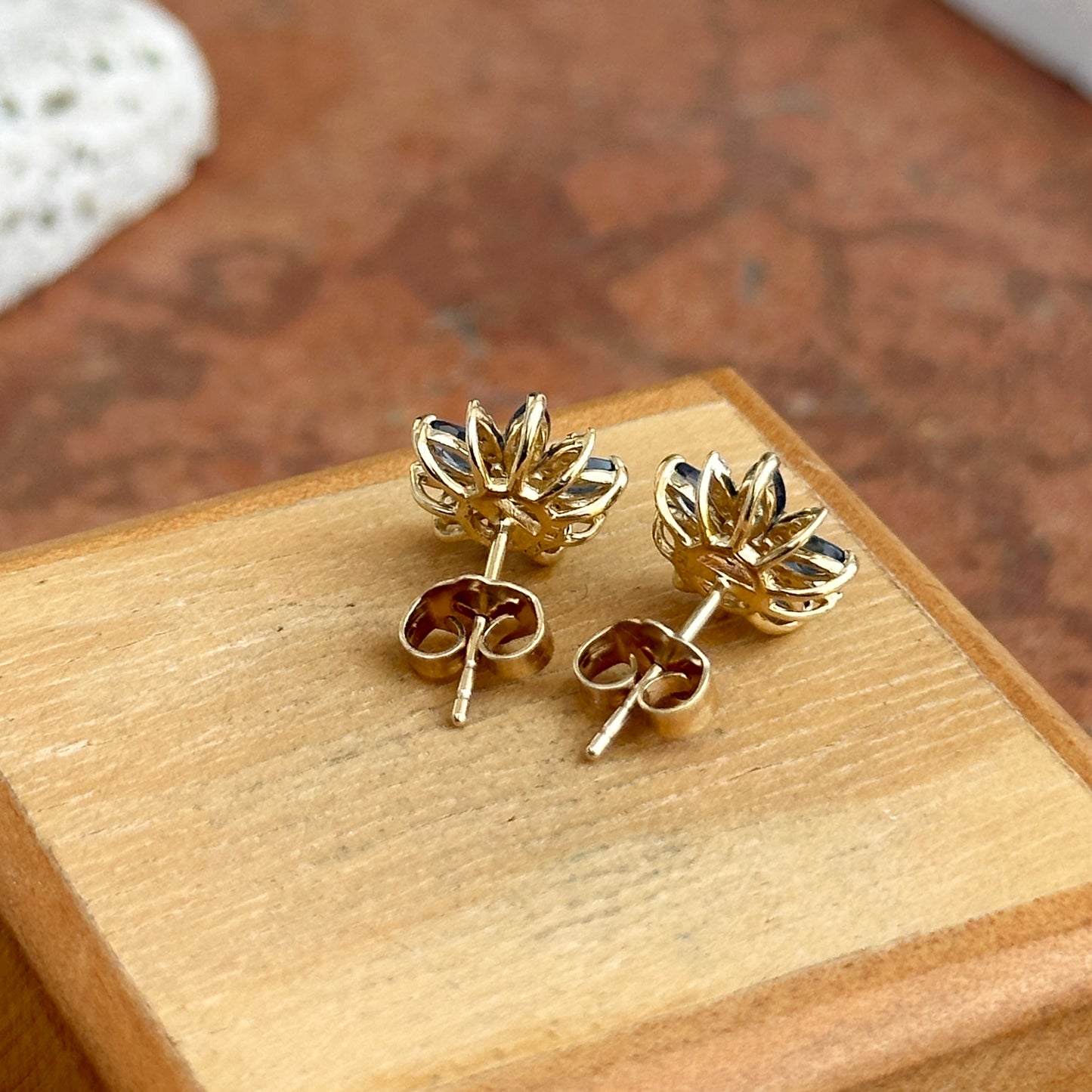 10KT Yellow Gold Marquise Sapphire + Diamond Starburst Earrings - LSJ