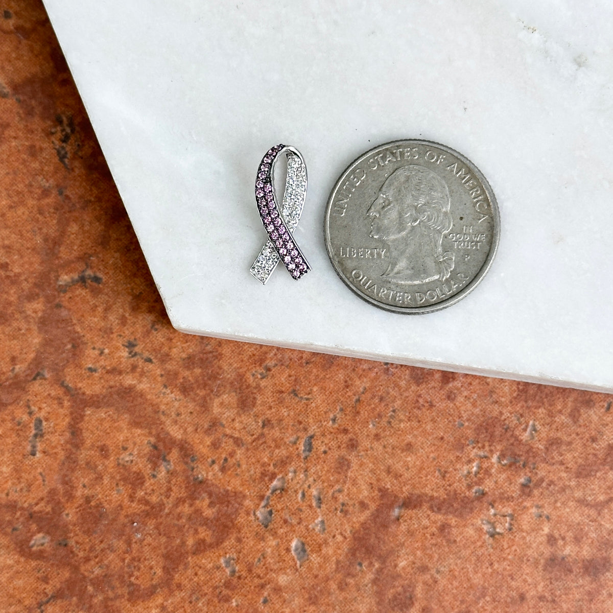 14KT White Gold Pink Sapphire + Diamond Breast Cancer Awareness Ribbon Slide Pendant