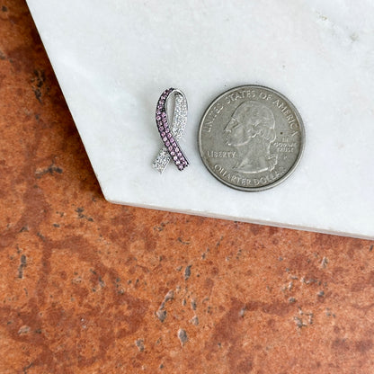 14KT White Gold Pink Sapphire + Diamond Breast Cancer Awareness Ribbon Slide Pendant