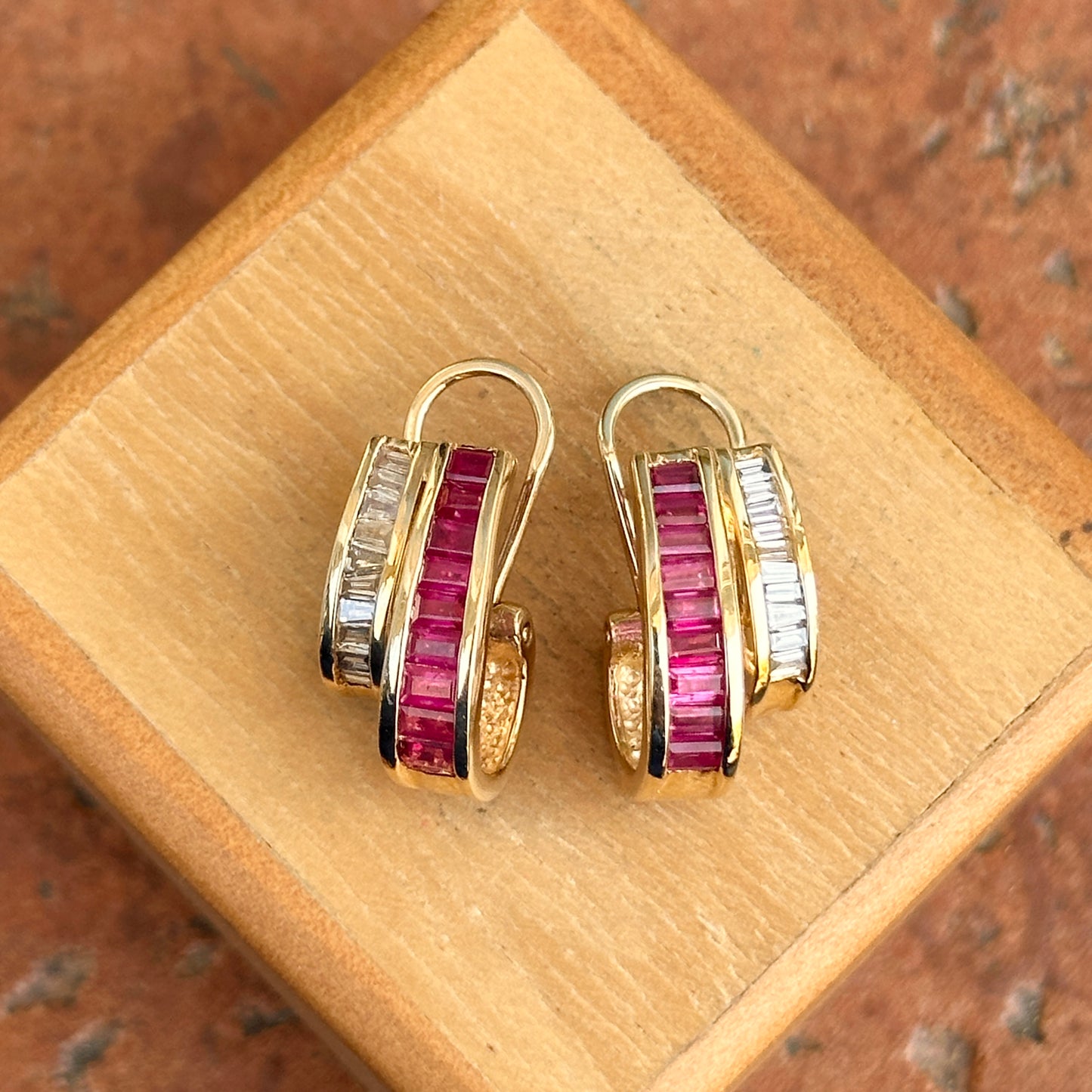 Estate 14KT Yellow Gold Baguette Ruby + Diamond Channel-Set J Hoop Earrings