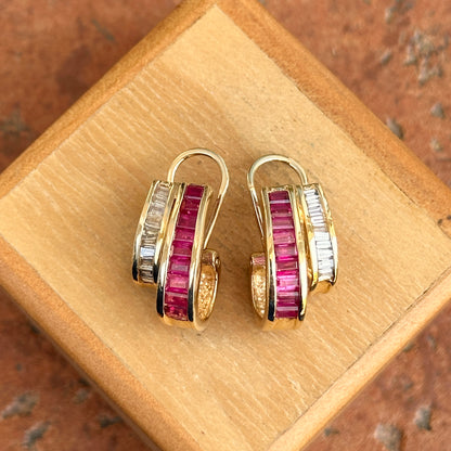 Estate 14KT Yellow Gold Baguette Ruby + Diamond Channel-Set J Hoop Earrings