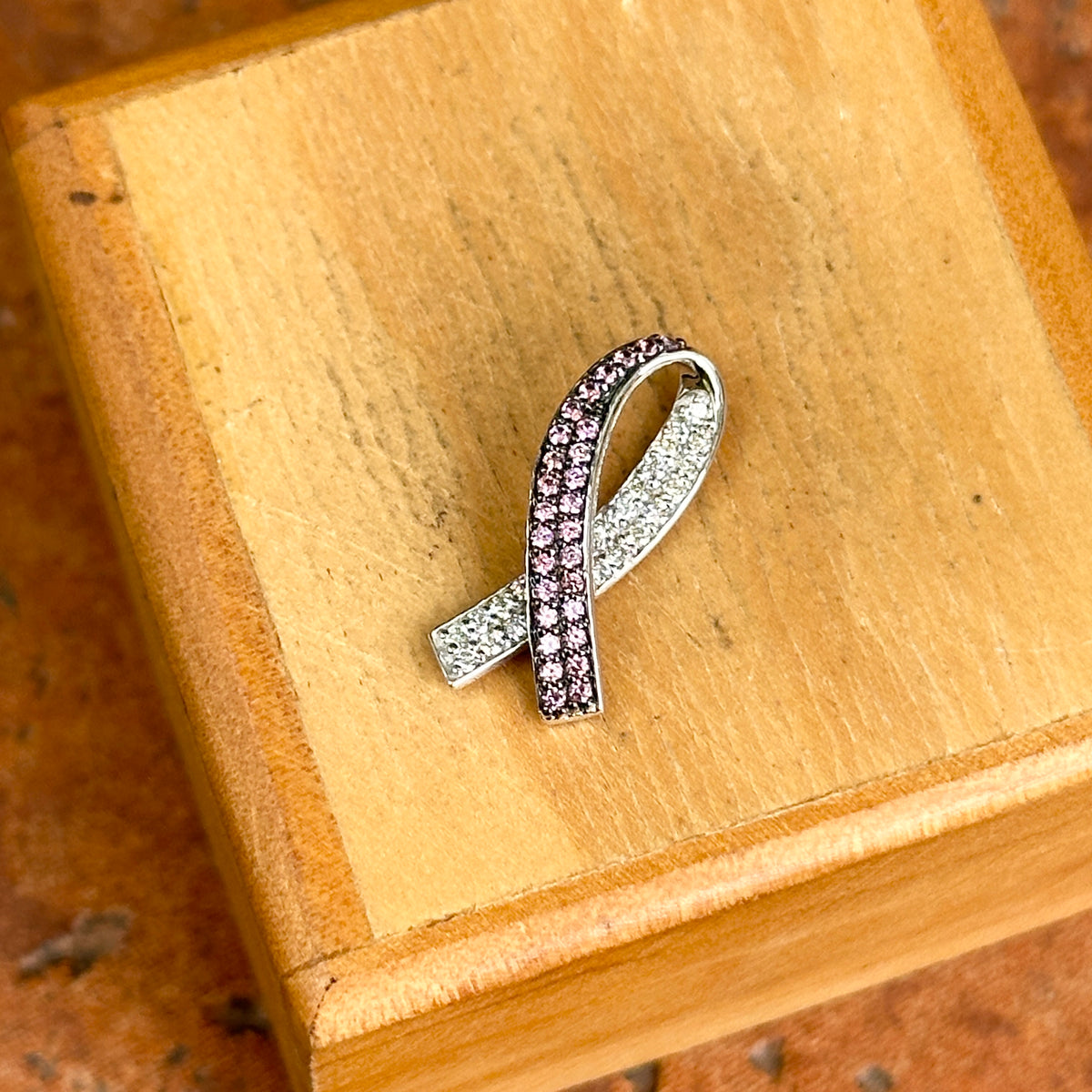 14KT White Gold Pink Sapphire + Diamond Breast Cancer Awareness Ribbon Slide Pendant