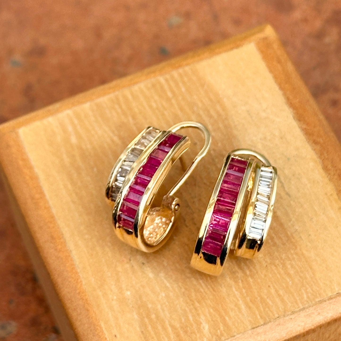 Estate 14KT Yellow Gold Baguette Ruby + Diamond Channel-Set J Hoop Earrings