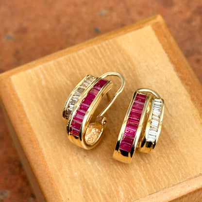 Estate 14KT Yellow Gold Baguette Ruby + Diamond Channel-Set J Hoop Earrings