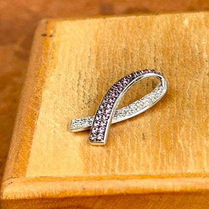 14KT White Gold Pink Sapphire + Diamond Breast Cancer Awareness Ribbon Slide Pendant
