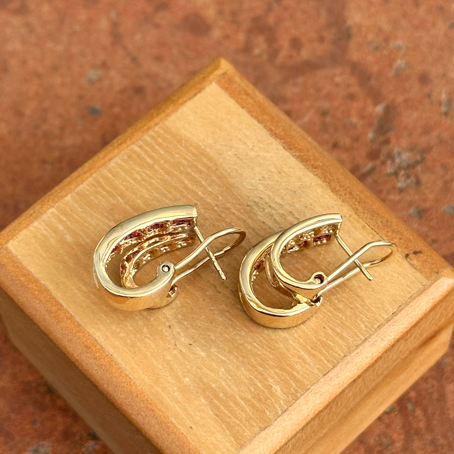 Estate 14KT Yellow Gold Baguette Ruby + Diamond Channel-Set J Hoop Earrings