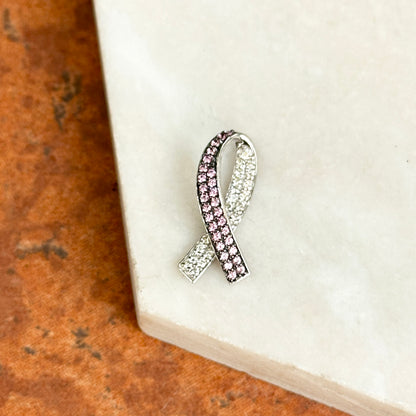 14KT White Gold Pink Sapphire + Diamond Breast Cancer Awareness Ribbon Slide Pendant