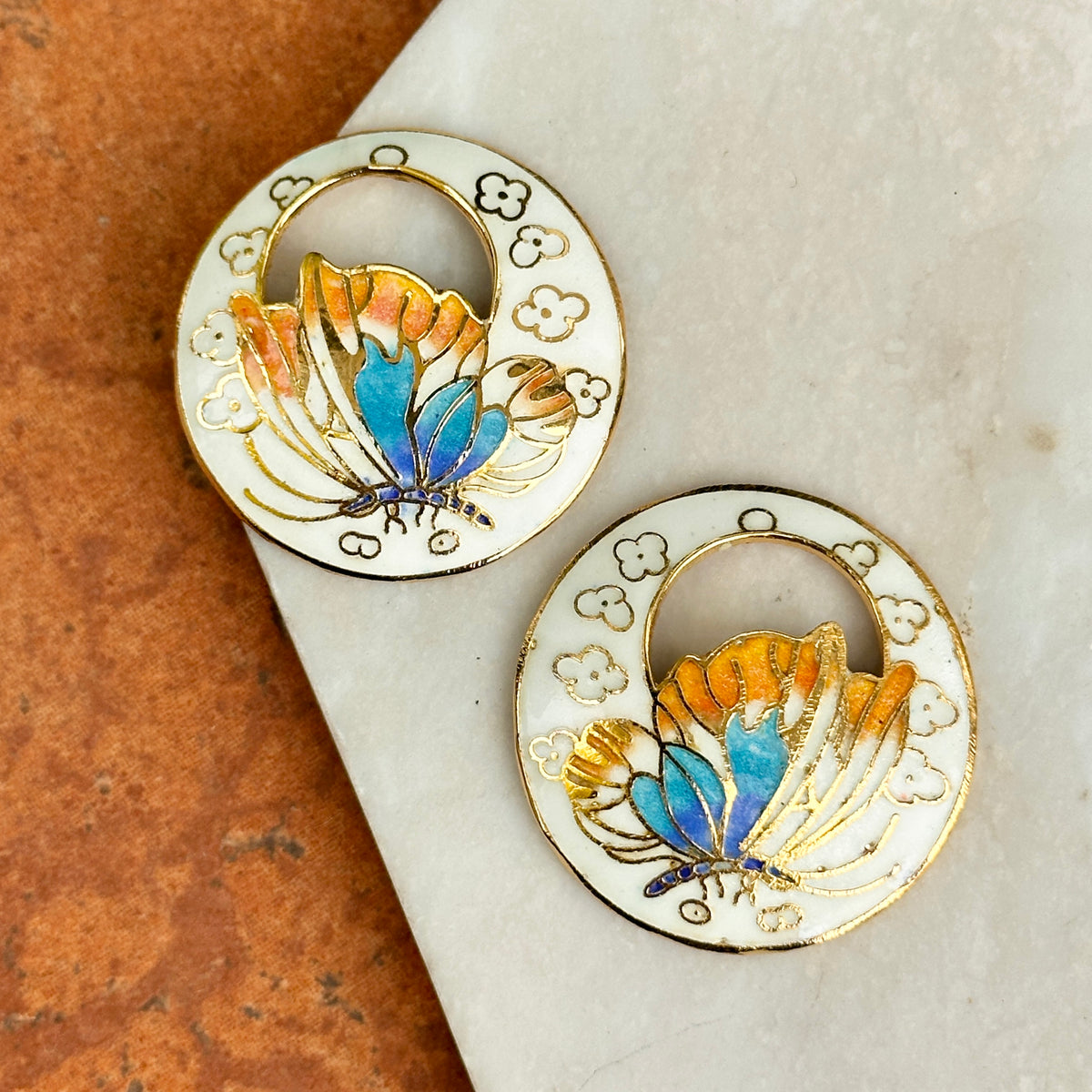 Estate Gold-Tone White Cloisonne Enamel Round Earring Charms