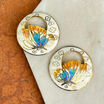 Estate Gold-Tone White Cloisonne Enamel Round Earring Charms