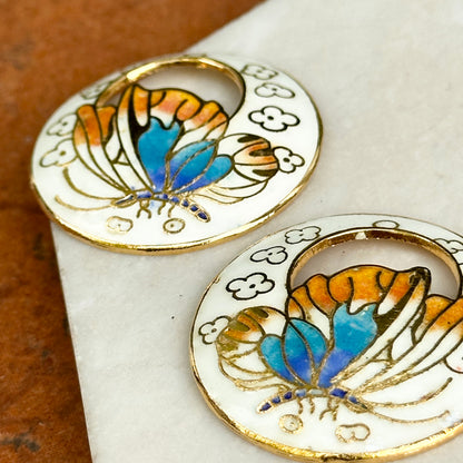 Estate Gold-Tone White Cloisonne Enamel Round Earring Charms