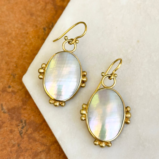 Estate 18K Yellow Gold Oval Mabe Pearl Beaded Bezel Wire Drop Earrings