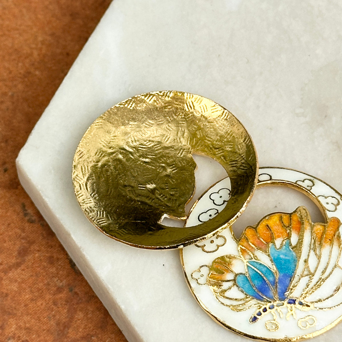 Estate Gold-Tone White Cloisonne Enamel Round Earring Charms