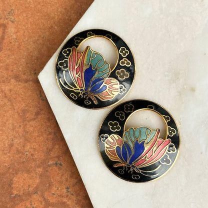 Estate Gold-Tone Black Enamel Cloisonne Round Earring Charms