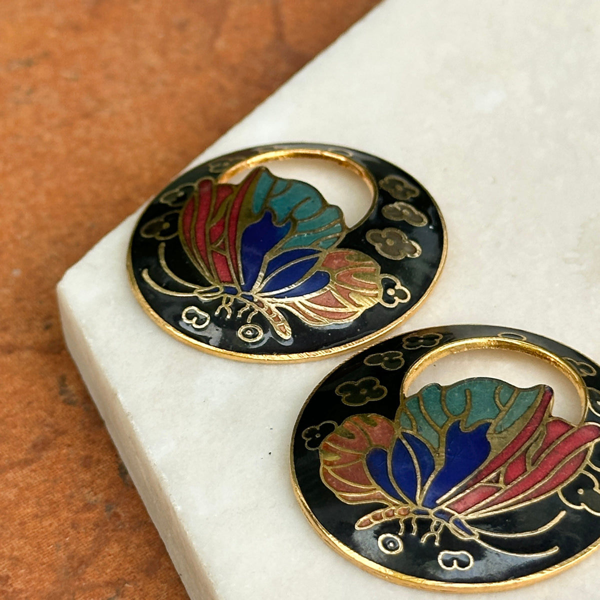Estate Gold-Tone Black Enamel Cloisonne Round Earring Charms