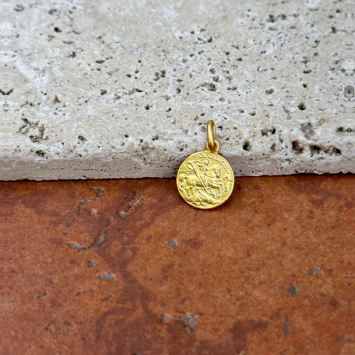 14KT Yellow Gold St George Matte Medal Pendant Charm 12mm