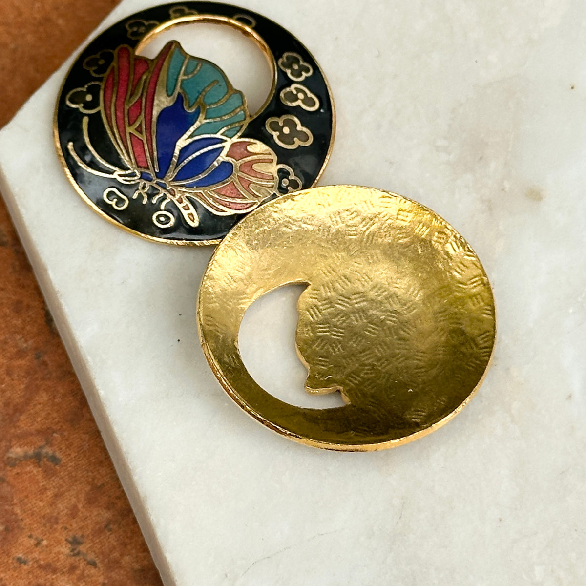 Estate Gold-Tone Black Enamel Cloisonne Round Earring Charms
