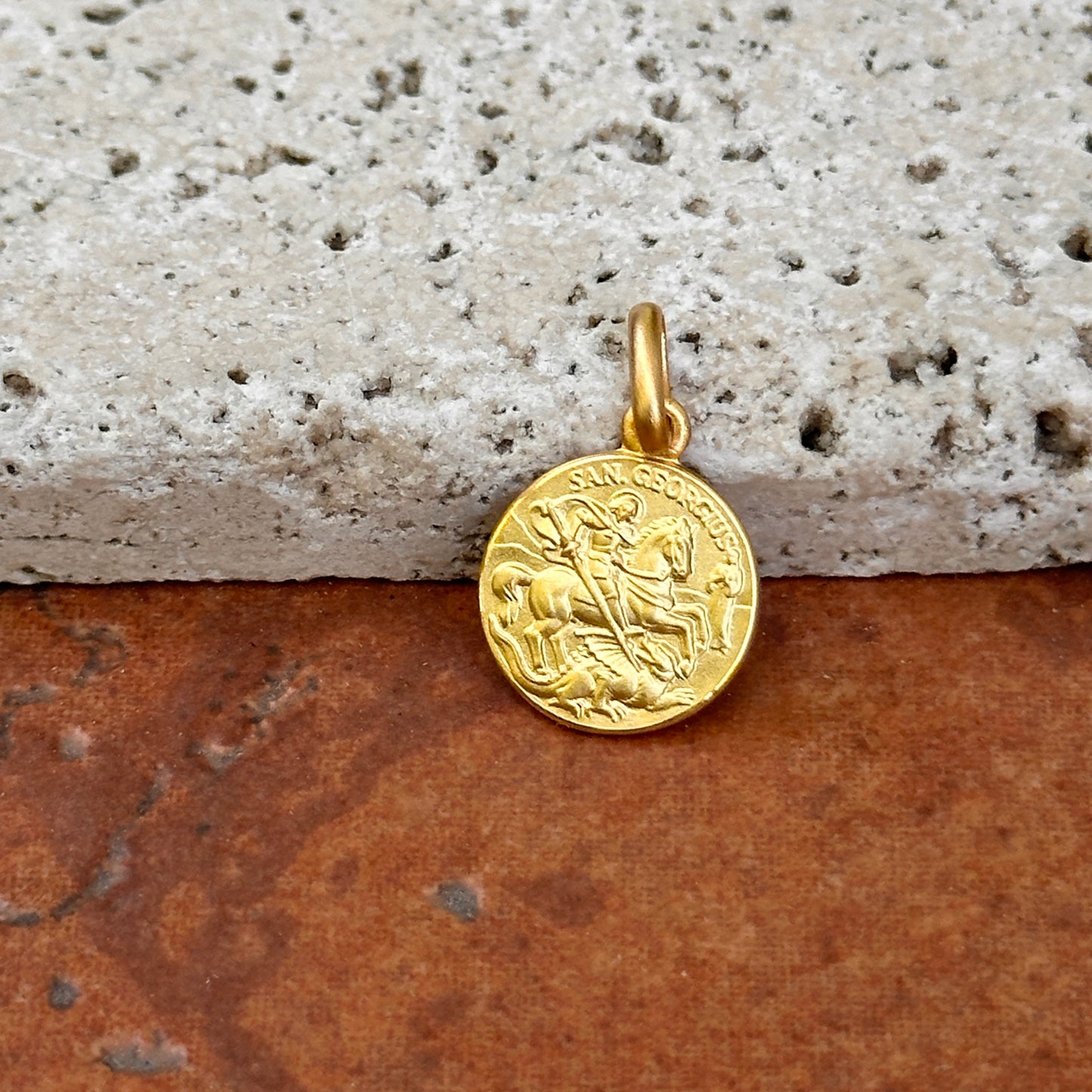 14KT Yellow Gold St George Matte Medal Pendant Charm 12mm