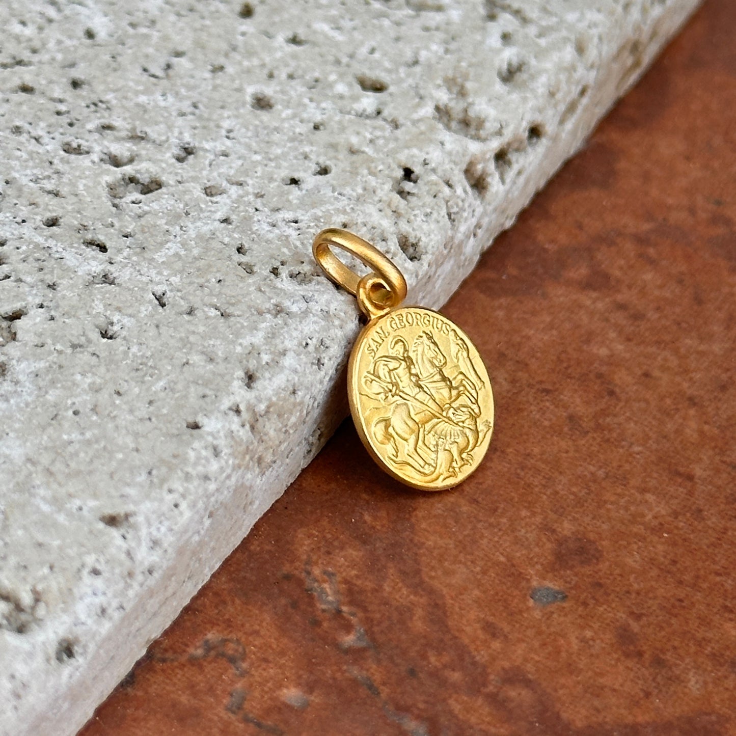 14KT Yellow Gold St George Matte Medal Pendant Charm 12mm