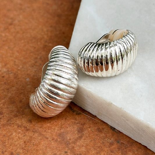 Estate Silver-Tone Corrugated Half-Hoop Clip-On Earrings