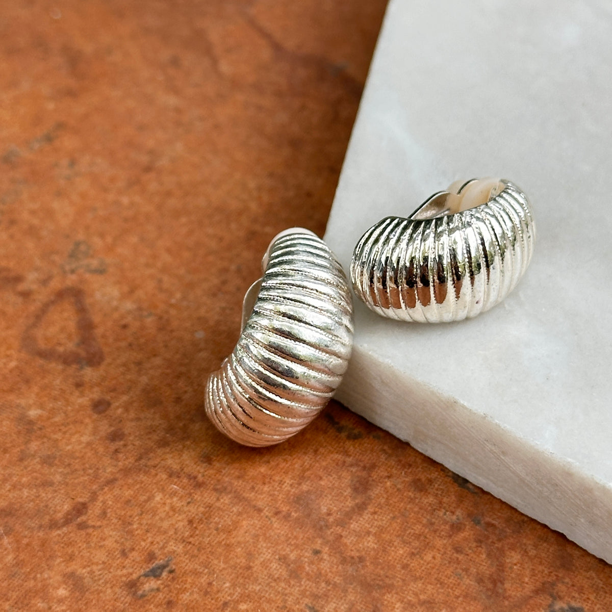 Estate Silver-Tone Corrugated Half-Hoop Clip-On Earrings