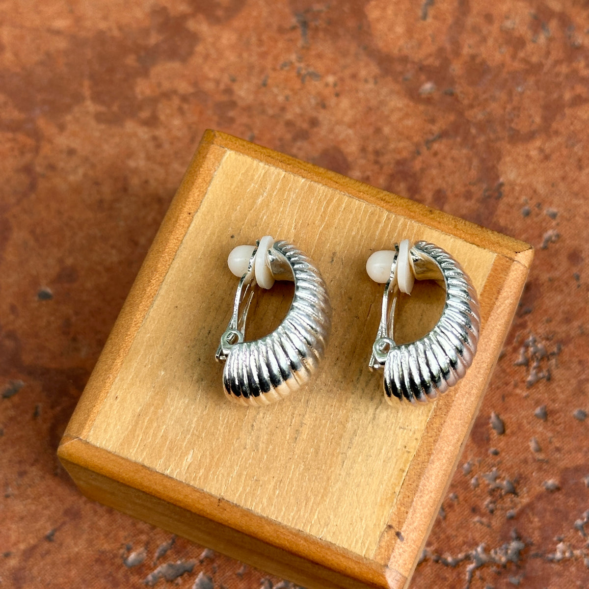 Estate Silver-Tone Corrugated Half-Hoop Clip-On Earrings