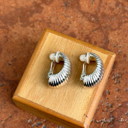 Estate Silver-Tone Corrugated Half-Hoop Clip-On Earrings