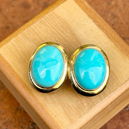 14KT Yellow Gold Cabochon Oval Turquoise Bezel Pierced Earrings