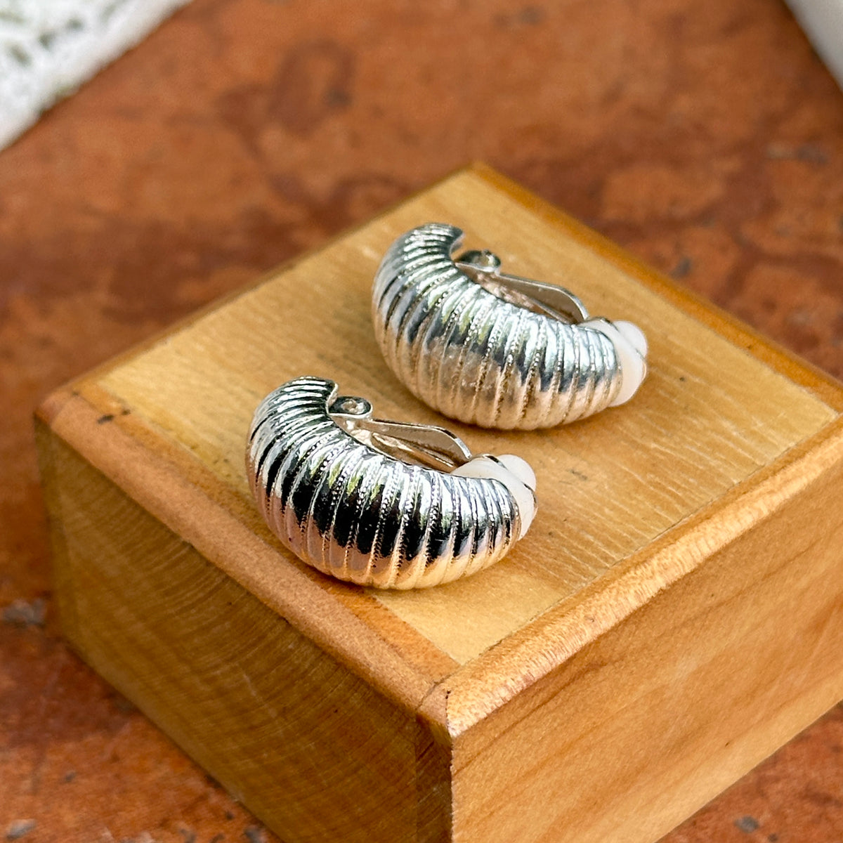 Estate Silver-Tone Corrugated Half-Hoop Clip-On Earrings