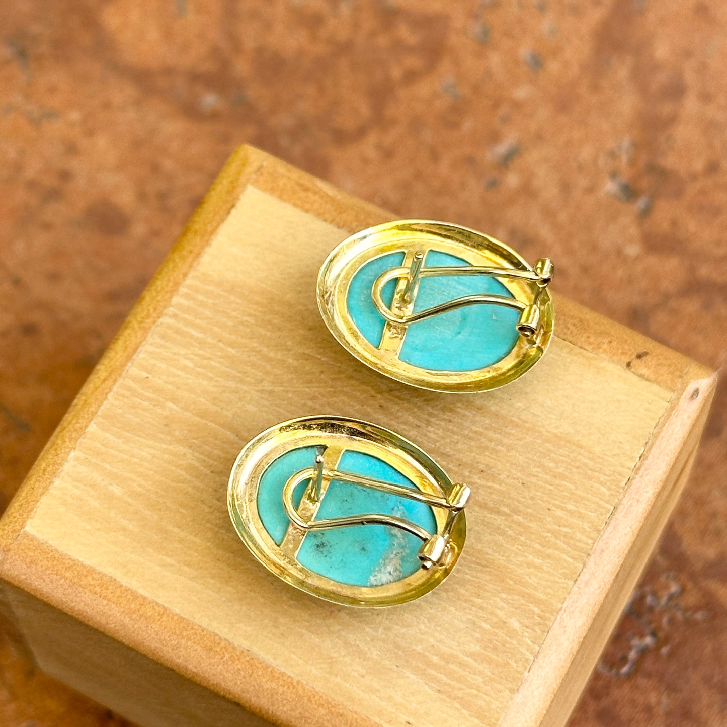 14KT Yellow Gold Cabochon Oval Turquoise Bezel Pierced Earrings