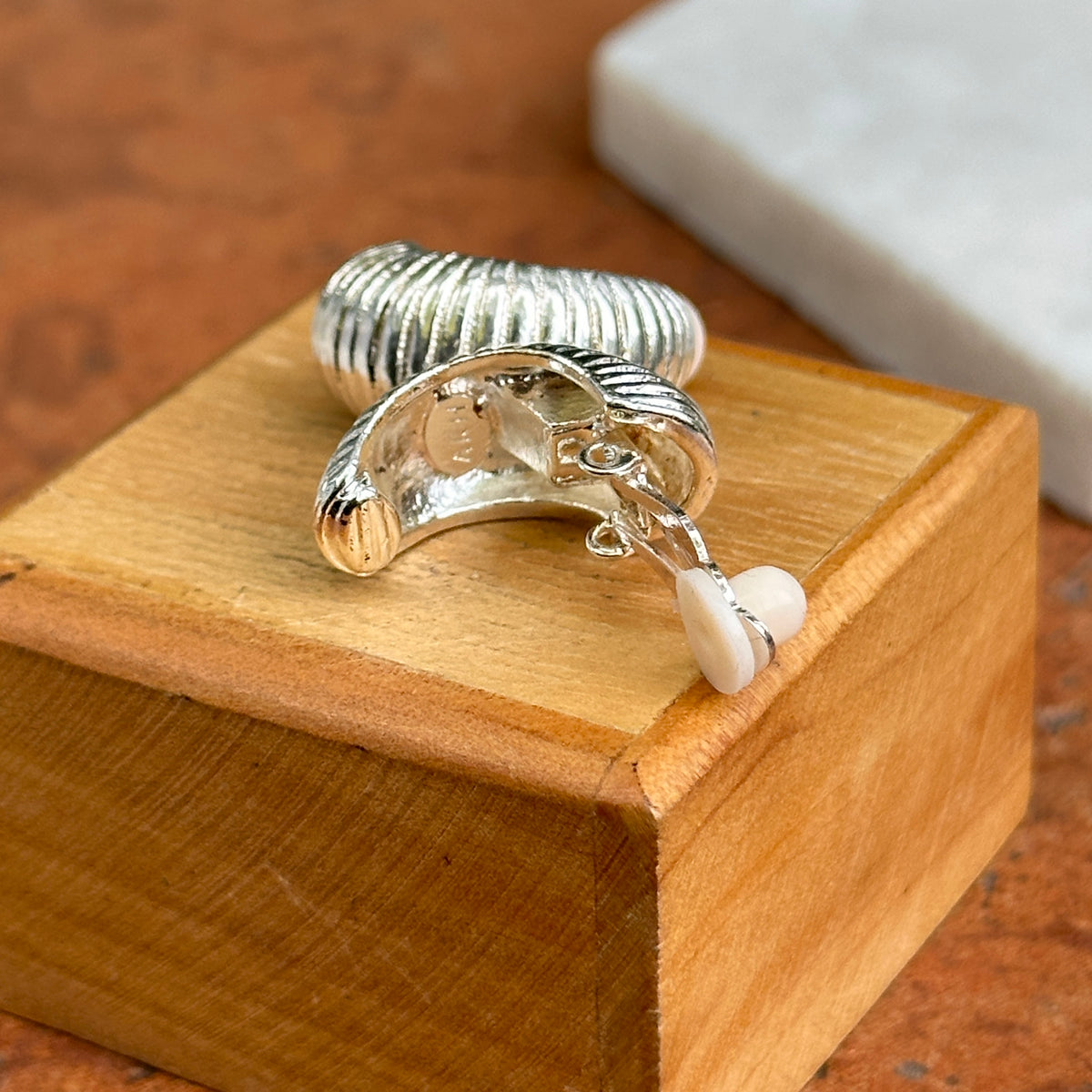 Estate Silver-Tone Corrugated Half-Hoop Clip-On Earrings