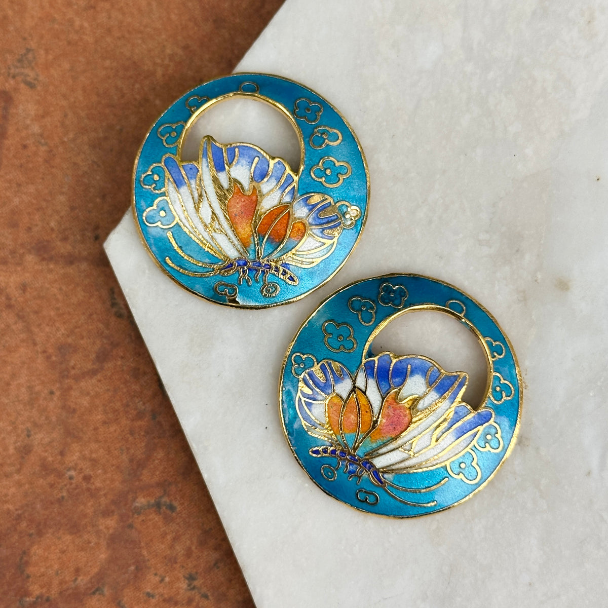 Estate Gold-Tone Aqua Blue Enamel Cloisonne Round Earring Charms