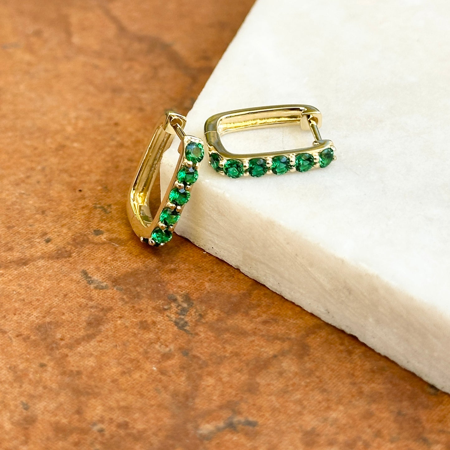 10KT Yellow Gold Rectangle Lab-Grown Emerald Hoop Earrings 14mm