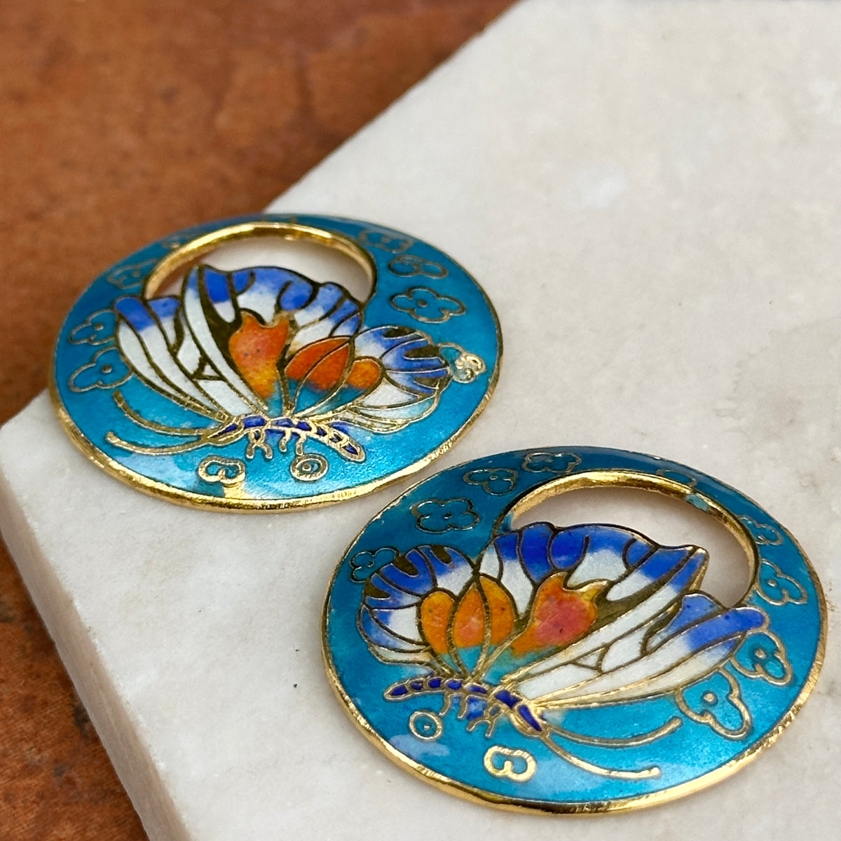 Estate Gold-Tone Aqua Blue Enamel Cloisonne Round Earring Charms
