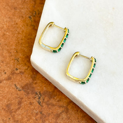 10KT Yellow Gold Rectangle Lab-Grown Emerald Hoop Earrings 14mm