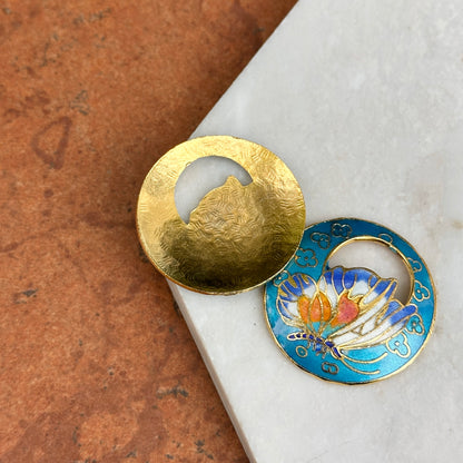 Estate Gold-Tone Aqua Blue Enamel Cloisonne Round Earring Charms