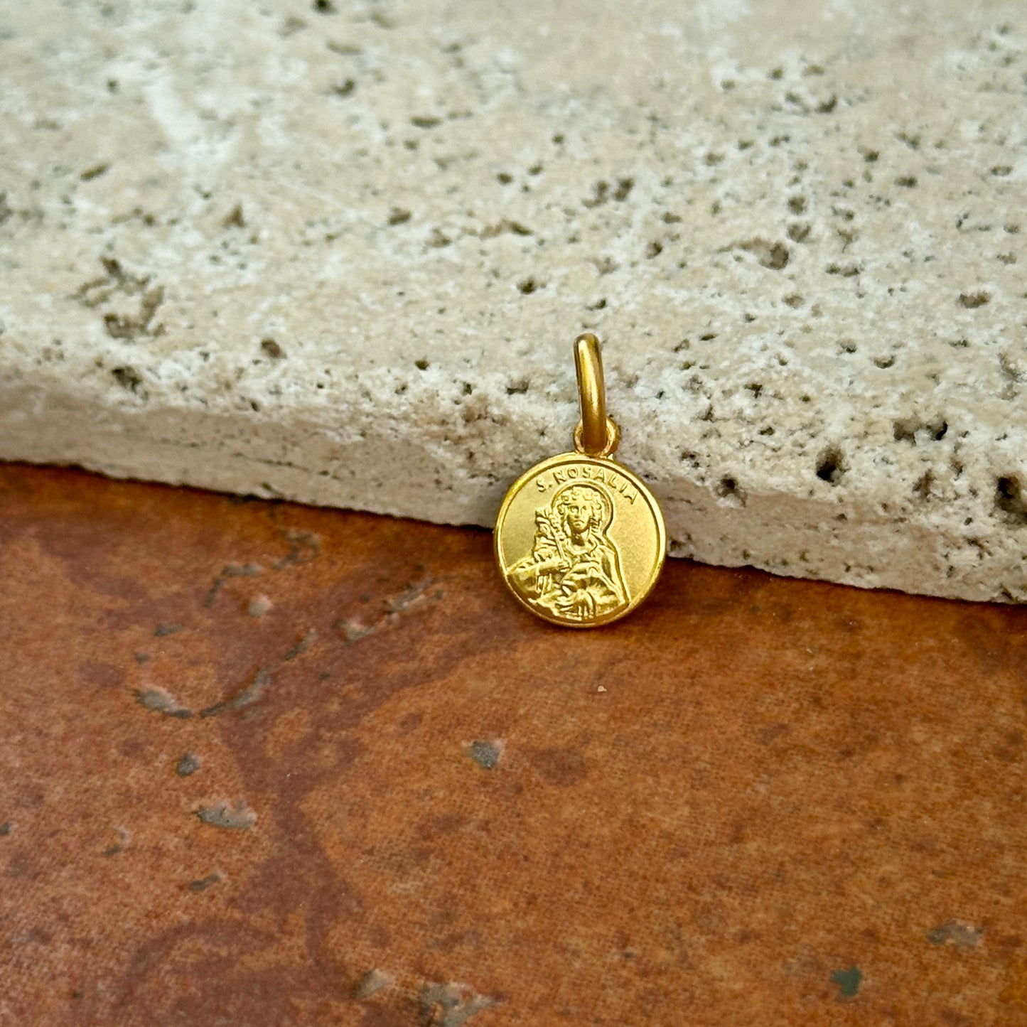 14KT Yellow Gold St Rosalia Matte Medal Pendant Charm 10mm