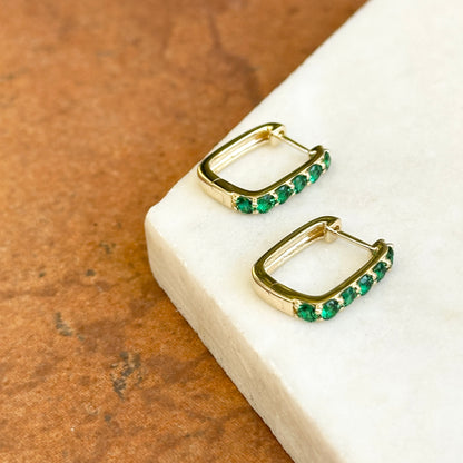 10KT Yellow Gold Rectangle Lab-Grown Emerald Hoop Earrings 14mm