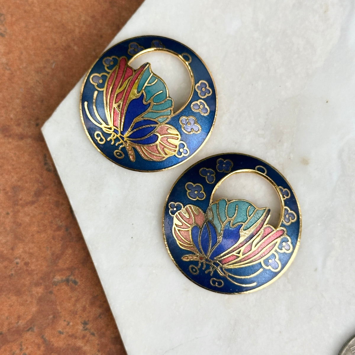 Estate Gold-Tone Dark Blue Enamel Cloisonne Round Earring Charms