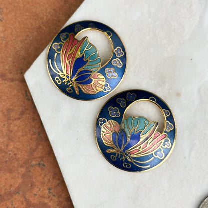 Estate Gold-Tone Dark Blue Enamel Cloisonne Round Earring Charms