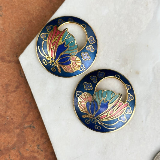 Estate Gold-Tone Dark Blue Enamel Cloisonne Round Earring Charms
