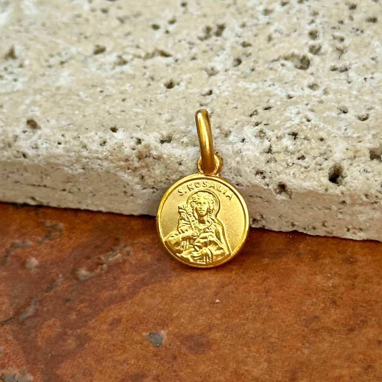 14KT Yellow Gold St Rosalia Matte Medal Pendant Charm 10mm