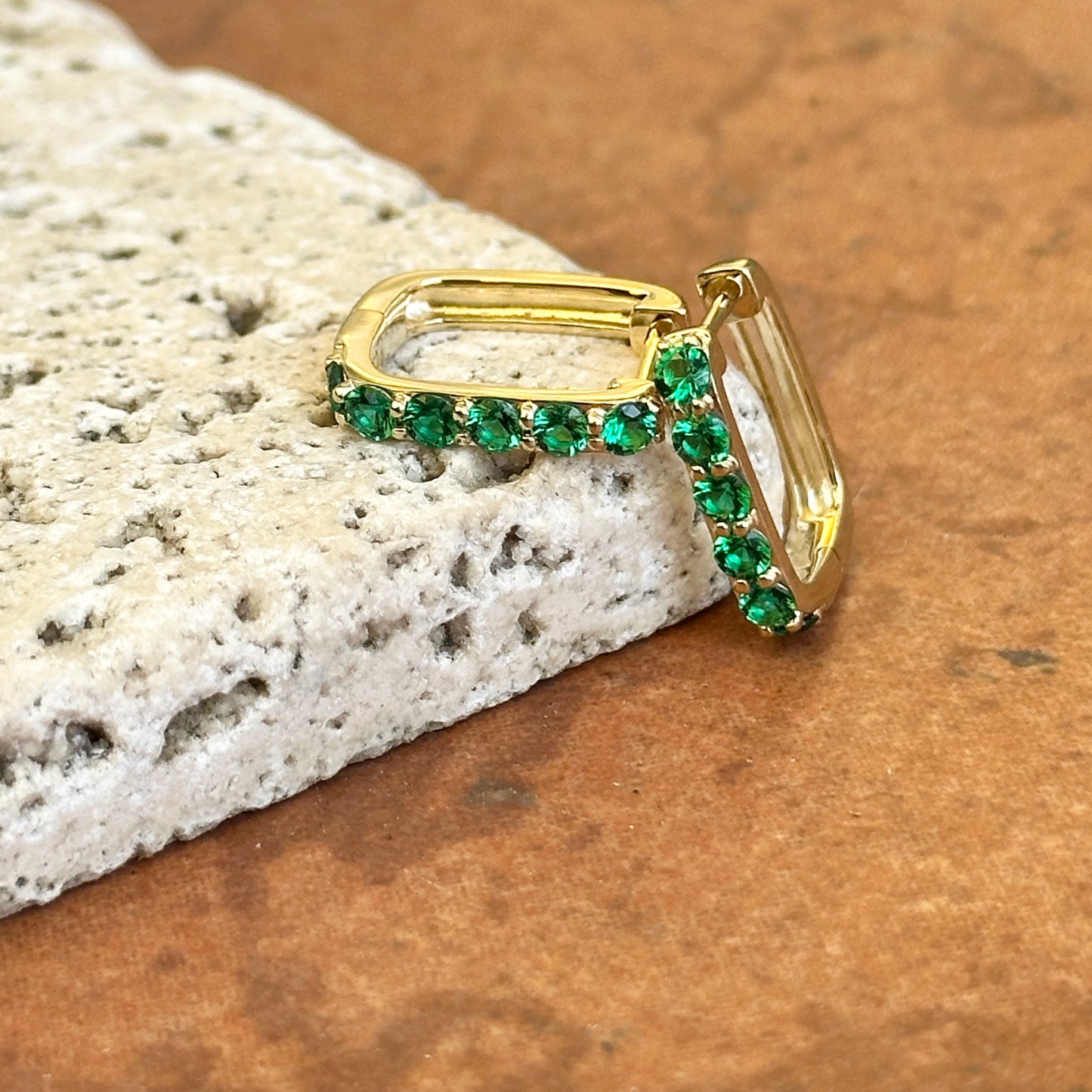 10KT Yellow Gold Rectangle Lab-Grown Emerald Hoop Earrings 14mm