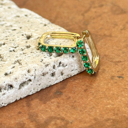 10KT Yellow Gold Rectangle Lab-Grown Emerald Hoop Earrings 14mm