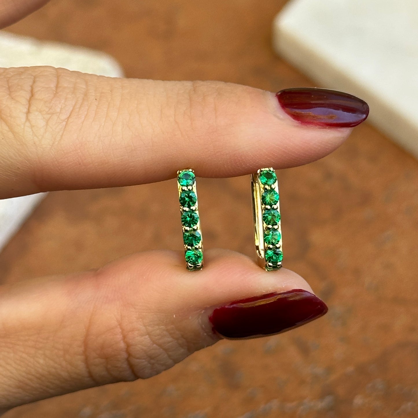10KT Yellow Gold Rectangle Lab-Grown Emerald Hoop Earrings 14mm