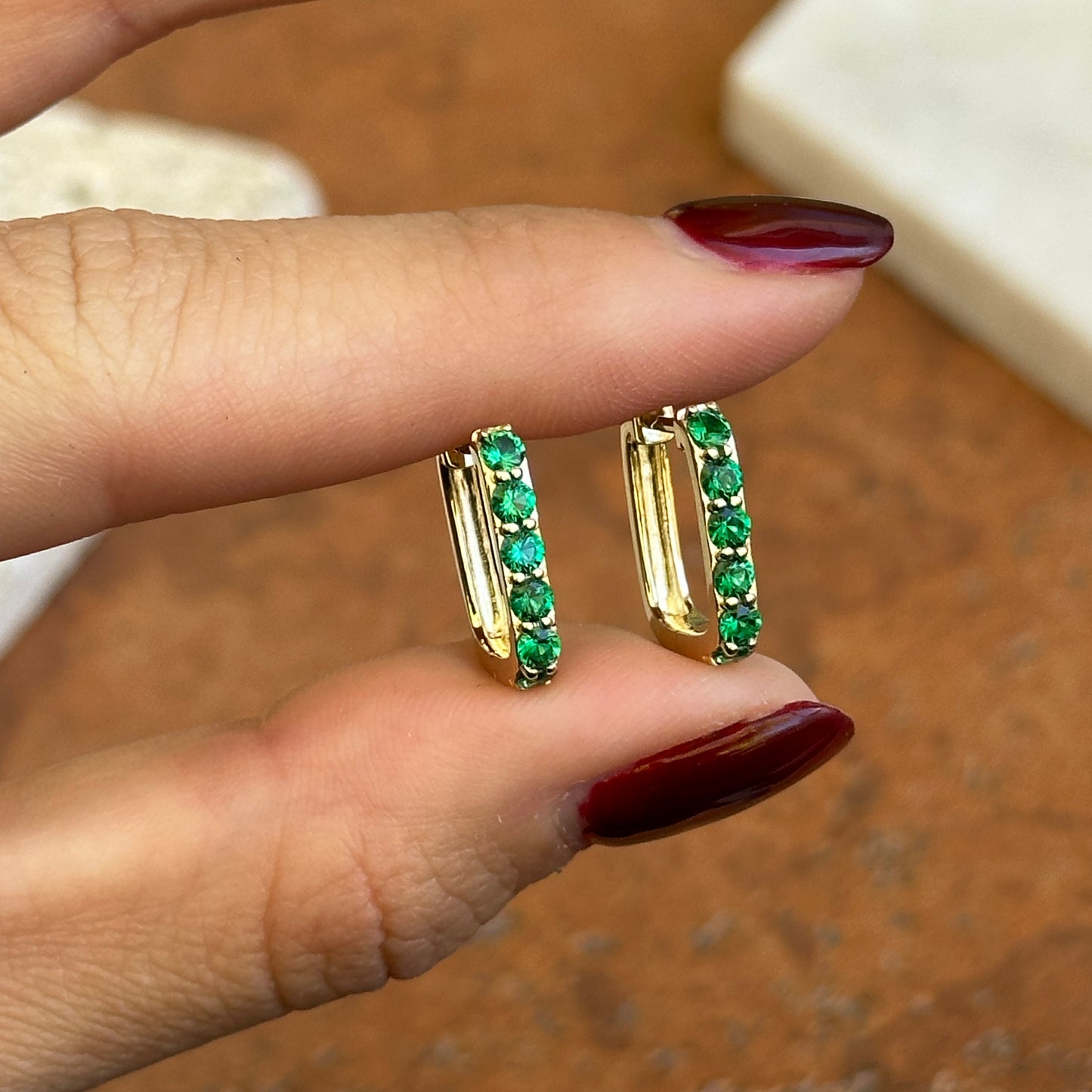 10KT Yellow Gold Rectangle Lab-Grown Emerald Hoop Earrings 14mm