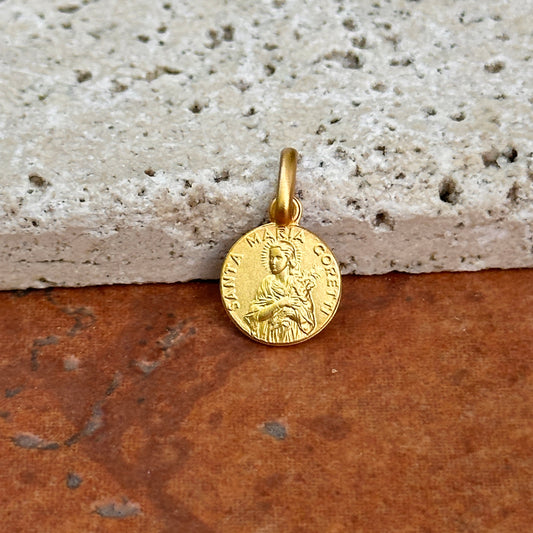 14KT Yellow Gold St Maria Goretti Round Matte Medal Pendant Charm 10mm